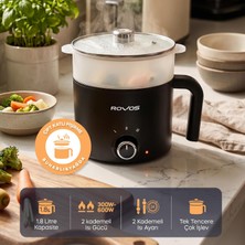 Vera Concept Store Rovos RV-5100 Elektrikli Mini Tencere 1,8 L, Buharlı Pişirme Aparatlı, Yapışmaz Tencere, Ramen, Makarna, Çorba ve Yemek Pişirici