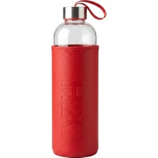 Vera Concept Store 1 L Borosilikat Cam Matara, Kırmızı Deri Dokulu Kılıflı, Taşıma Halkalı Vidalı Kapaklı Su Şişesi, Ev, Ofis ve Günlük Kullanım, 27 × 8 × 8 cm