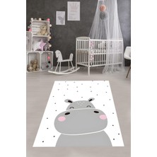 Vera Concept Store Pelangi Sevimli Hipopotam Su Aygırı Yıldızlı Yıkanabilir Kaymaz Taban Leke Tutmaz Çocuk Odası Halısık, Gri-Beyaz-Siyah 80 x 50, 764204280501
