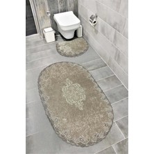 Vera Concept Store Milas Kaymaz Taban, Kadife Dantel Detaylı 2'li Süper Lüks Oval Banyo Paspası Seti, Koyu Kahverengi