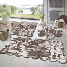 Vera Concept Store Rachel Carpet 3'lü Set Kaymaz Taban Banyo Paspası Halısı 50X50 (Yuvarlak PAPATYA)-50X60(LAZER)-60X100 (Lazer), Geometrik Kahve