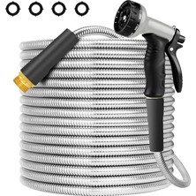 Vera Concept Store 25FT Bahçe Hortumu, 10 Desenli Püskürtme Nozulu Metal Bahçe Hortumu, Sızdırmaz Su Hortumu, Araba Için Paslanmaz Çelik Metal Hortum, Yard, Dış Mekan
