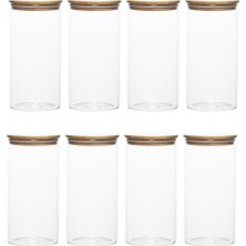 Vera Concept Store 3-4 Bambu Vakumlu Kapaklı Yuvarlak Cam 8li Kavanoz Seti Saklama Kabı 1650ML 10X25CM