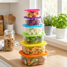 Vera Concept Store 6'li Renkli Kapaklı Saklama Kabı Seti, 210 ml - 3300 ml Şeffaf Gıda Saklama Kutuları, Buzdolabı Düzenleyici, Mutfak Organizeri, Yemek Meyve Sebze ve A