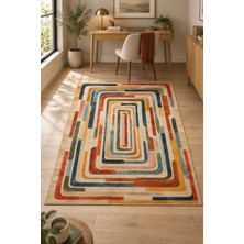 Rugs Modern Halı Dora Vintage Geometrik Desenli Bej, Kırık Beyaz ve Turuncu Ince Dokuma Taban Salon Halısı OZL403