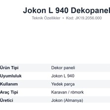 Jakon Jokon L 940 Dekopanel Karavan Arka Lamba Dekor Paneli (JK19.2056.000)