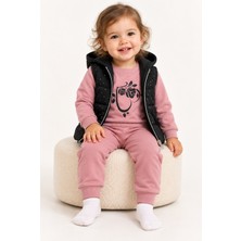Minitix Kız Bebek Gül Baskılı 3 Parça Takım – Kapüşonlu Kapitone Yelek, Sweatshirt ve Pantolon, Gül Kurusu Siyah