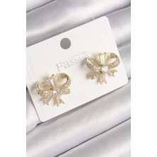 Hubrendy Bez Pirinç Gold Renk Zirkon Taşlı Fiyonk Model Kadın Küpe