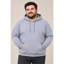 Pusula Sepeti Erkek Battal Büyük Beden Üç Iplik Içi Şardonlu Kapüşonlu Kanguru Cepli Kışlık Sweatshirt - Gri