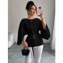 Serac Collection Kadın Uzun Kollu Yuvarlak Yakalı Yarasa Kollu Belden Kuşaklı Atlas Bluz