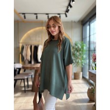 Serac Collection Kadın Bisiklet Yaka Kısa Yarasa Kollu Yanları Yırtmaçlı Oversize Dökümlü Merserize Bluz