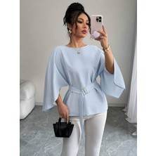 Serac Collection Kadın Uzun Kollu Yuvarlak Yakalı Yarasa Kollu Belden Kuşaklı Atlas Bluz