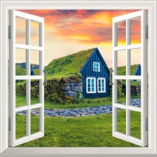 Pencere Poster Duvar Kağıdı Çim Evler Izlanda Yapışkanlı Sticker
