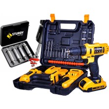 Sturdy 12 Lion Çift Akülü Darbeli Turbo Şarjlı vidalama  Matkap 27 Parca Setli + Bozulmuş Vida Sökme Setli