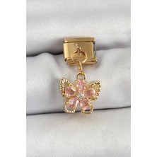 Hubrendy Bez 316L Çelik Sallantılı Zirkon Taşlı Çiçek Figürlü Kelebek Model Gold Renk Nomination Charm