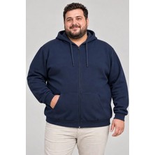 Pusula Sepeti Erkek Battal Büyük Beden Üç Iplik Içi Şardonlu Kapüşonlu Tam Fermuarlı Kışlık Sweatshirt - Lacivert