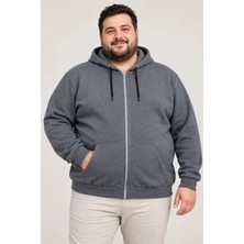 Pusula Sepeti Erkek Battal Büyük Beden Üç Iplik Içi Şardonlu Kapüşonlu Tam Fermuarlı Kışlık Sweatshirt - Füme
