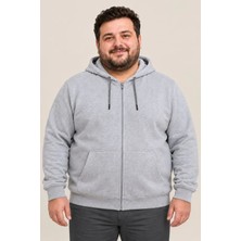Sidelya Concept Erkek Battal Büyük Beden Üç Iplik Içi Şardonlu Kapüşonlu Tam Fermuarlı Kışlık Sweatshirt - Gri