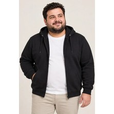 Yaman Market Erkek Battal Büyük Beden Üç Iplik Içi Şardonlu Kapüşonlu Tam Fermuarlı Kışlık Sweatshirt - Siyah
