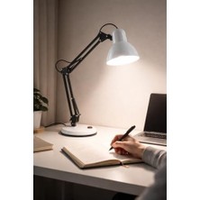 Prime Akrobat Masa Lambası Kablolu Ayarlanabilir Kollu Çalışma Lambası Metal Gövde Güçlü Işık Ofis Ev Atölye Masaüstü Aydınlatma (Beyaz)
