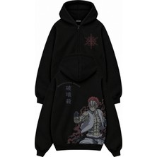 Fuddy Moda Unisex Oversize Demon Slayer Akaza Sırt Baskılı Kapüşonlu Fermuarlı Anime Zip Hoodie