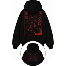 Fuddy Moda Unisex Oversize Jujutsu Kaisen Sukuna Sırt Baskılı Kapüşonlu Fermuarlı Anime Zip Hoodie