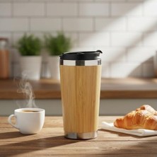450 ml Bambu Kaplama Tabanlı Çelik Termos - ve Soğuk Tutucu Gümüş Renkli Seyahat Bardağı (Mug)