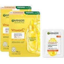 Prime Garnıer C Vitamini Parlaklık Verici Kağıt Yüz Maskesi X2 & 1 Haftalık Deneme Boy C Vitamini Serum Hediyeli