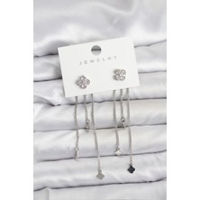 Hubrendy Bez Pirinç Gümüş Renk Yonca Model Sallantılı Kadın Küpe