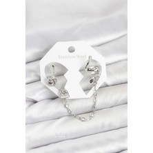 Hubrendy Bez Pirinç Gümüş Renk Yılan Model Zincir Bağlantılı Ear Cuff Küpe Seti