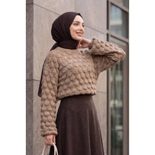 Moda Morfo Bisiklet Yaka Balık Pulu Desenli Salaş Triko Kazak -Vizon