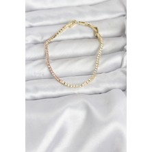 Hubrendy Bez Pembe ve Beyaz Zirkon Taşlı Gold Renk Su Yolu Kadın Bileklik