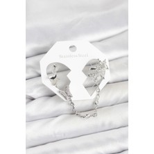 Hubrendy Bez Pirinç Gümüş Renk Kelebek Model Zincir Bağlantılı Ear Cuff Küpe Seti
