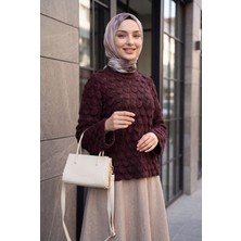Moda Morfo Bisiklet Yaka Balık Pulu Desenli Salaş Triko Kazak -Bordo