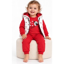Minitix Kız Bebek Uğur Böceği Baskılı 3 Parça Takım – Kapüşonlu Kapitone Yelek, Sweatshirt ve Pantolon