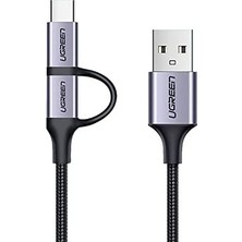 Prime 2'si 1 Arada Örgülü Type-C Micro USB Şarj ve Data Kablosu 1 Metre