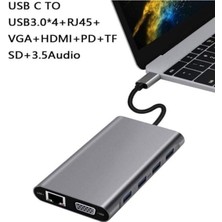 Prime Type-C To HDMI Adaptör 11 In 1 Dört USB 3.0 Bağlantı Noktası 4K HDMI VGA Type C Pd Usb3.0 Ethernet Sd Tf Kart Okuyucu 3.5mm Aux MacBook Pro Air