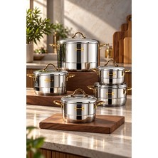 Bonera Nirvana Mega Çelik Tencere Seti - 10 Parça - 304 Kalite Paslanmaz Çelik – Gold Kulplu
