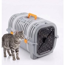 Kedi Taşıma Çantası Plastik Kafes Kilitlenebilir Kapaklı Havalı Taşıma Kabı Kedi Köpek Taşıma Box Güvenli Pet Taşıma Kafesi Seyahat Çantası (Gri-Turun