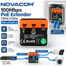 Novacom 100MBPS Poe Extender 1 Giriş 2 Çıkış Poe Extender NVC-AT12FZ-A