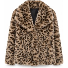 Purple By Banu Beige Premium Leopar Desen Kürk Ceket