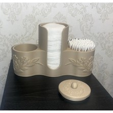 Kpln Store 3D Baskı Makyaj Pamuğu ve Kulak Çubuğu Tutucu Çiçek Desenli Kapaklı Banyo Organizeri Bej
