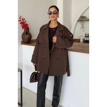 Bejna Kadın Kruvaze Yaka Kuşaklı Kısa Oversize Trençkot