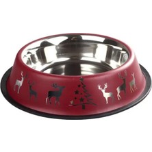 Oripet Yılbaşı Desenli Bordo Çelik Köpek Mama Kabı 32 Oz 18CM