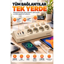 Merwish 4'lü Akım Korumalı Priz 350J – 3680W 16A, 2 Usb-C 1 Usb-A Çıkışlı, 15W USB Şarj, Fiş Çıkarma Mekanizmalı, 2 Metre Kablolu Çoklu Priz