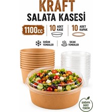 Ezupack 1100 cc Kraft Bowl Salata Diyet Kasesi Kapaklı 10 Adet Büyük Boy Yuvarlak Karton Şeffaf Kapaklı 37 O
