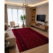 Filizon Aksu Kırmızı/bordo Etnik Desenli Kaymaz Tabanlı Yumuşacık Halı Orta Kalınlıkta Yıkanabilir Salon Halısı