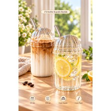 Tilbe Home 2'li Kubbe Kapaklı Cam Pipetli Bardak Seti 430 ml Isıya Dayanıklı Çizgili Kahve Sunum Bardağı İskandinav Tasarım Latte Cappuccino Soğuk İçecek Limonata Meşrubat Milkshake Smoothie Kokteyl