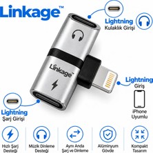 Linkage Lightning 2'si 1 Arada Şarj ve Kulaklık Adaptörü – iPhone Uyumlu, Çift Lightning Girişli, Gümüş