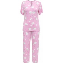 Moda Morfo Karışık Figür Desenli  V Yaka Önü Fiyonklu Kısa Kol Penye Pijama Takımı -Pembe